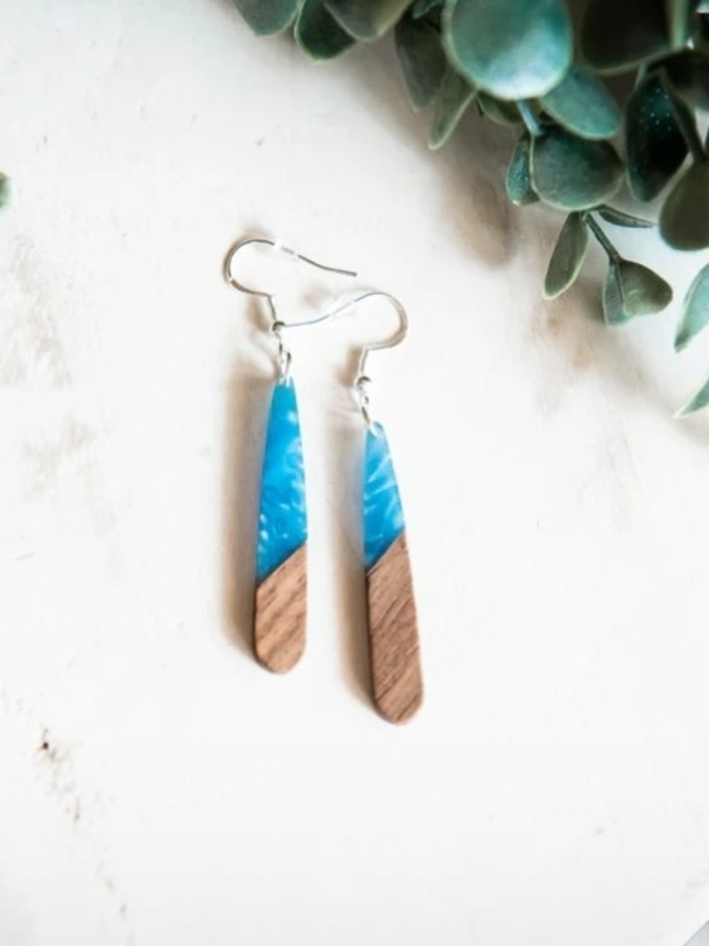 Blue and Wood Drop Earrings